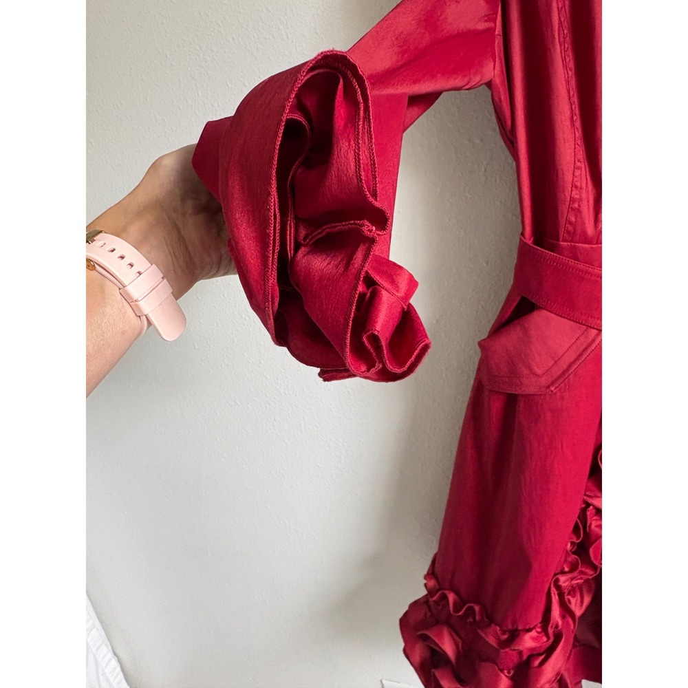Samuel Dong Red Ruffle Trench Coat Women Small Dramatic Collar Belted Jacket - Picture 3 of 9